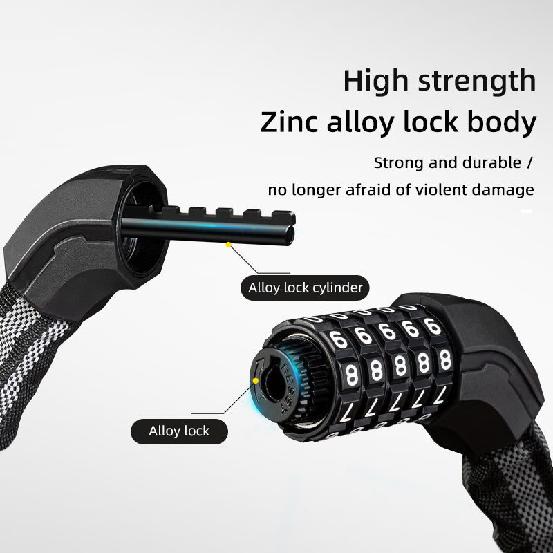 Rockbros 3220001001 Reflective 5 Digit Password Bicycle Lock Thicken Steel Cable Anti-theft Bike Code Lock - Black