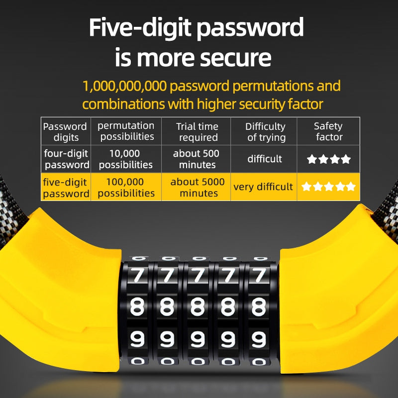 Rockbros 3220001001 Reflective 5 Digit Password Bicycle Lock Thicken Steel Cable Anti-theft Bike Code Lock - Black