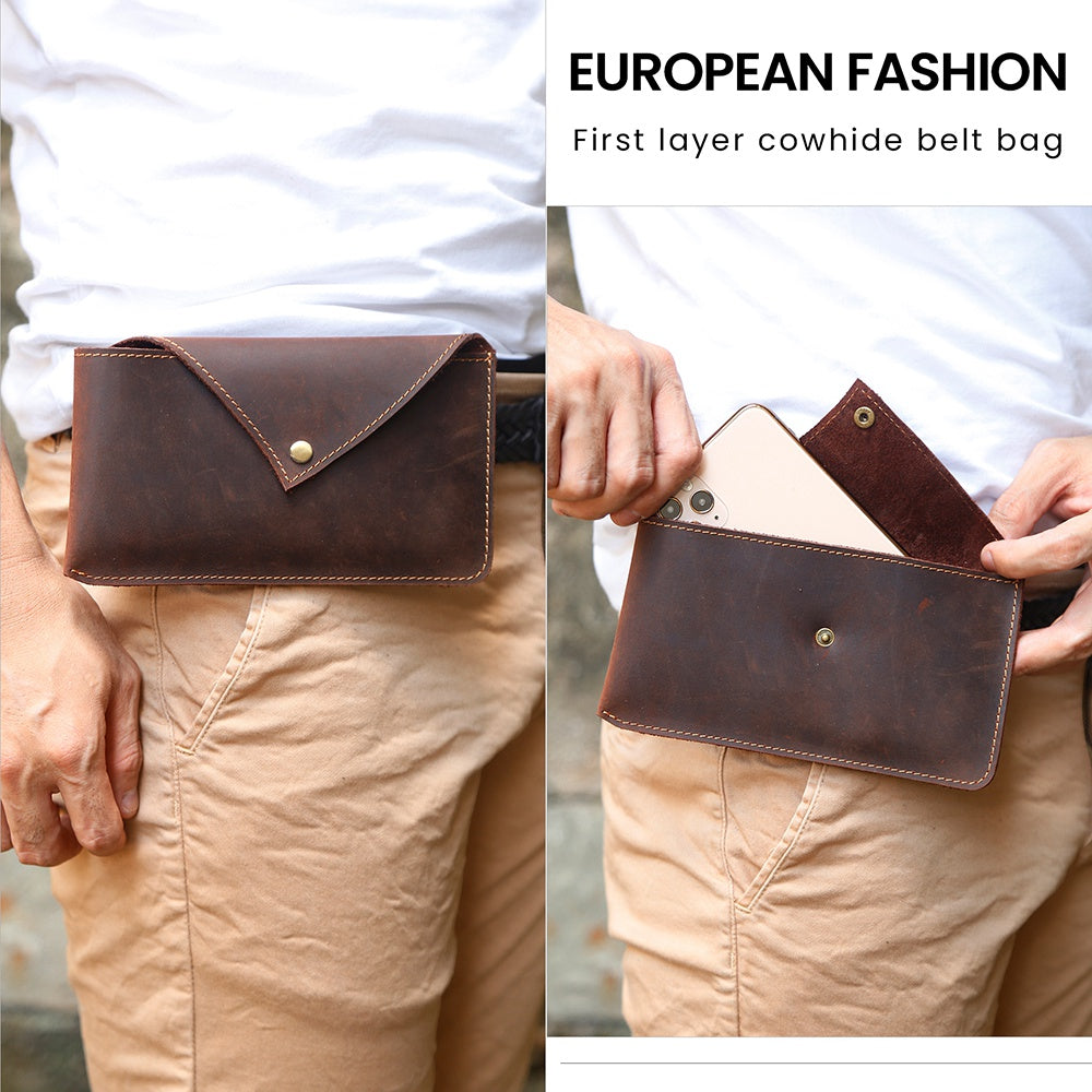 6546 Top Layer Cowhide Outdoor Tactical Sports Phone Waist Pouch Belt Hanging Bag - Coffee