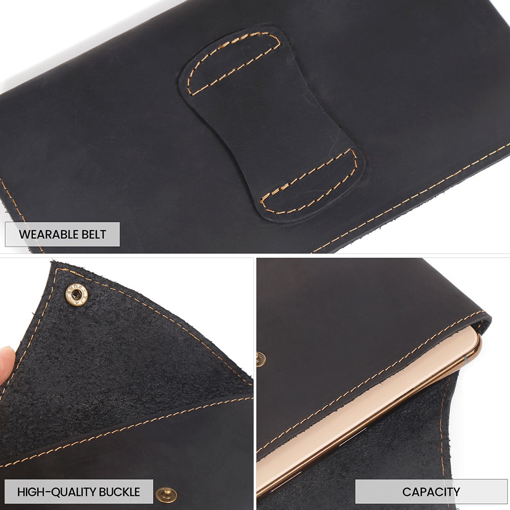 6546 Top Layer Cowhide Outdoor Tactical Sports Phone Waist Pouch Belt Hanging Bag - Black