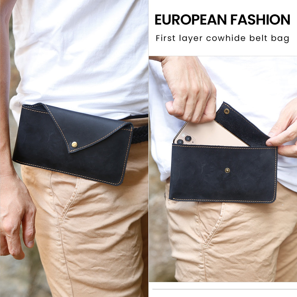 6546 Top Layer Cowhide Outdoor Tactical Sports Phone Waist Pouch Belt Hanging Bag - Black