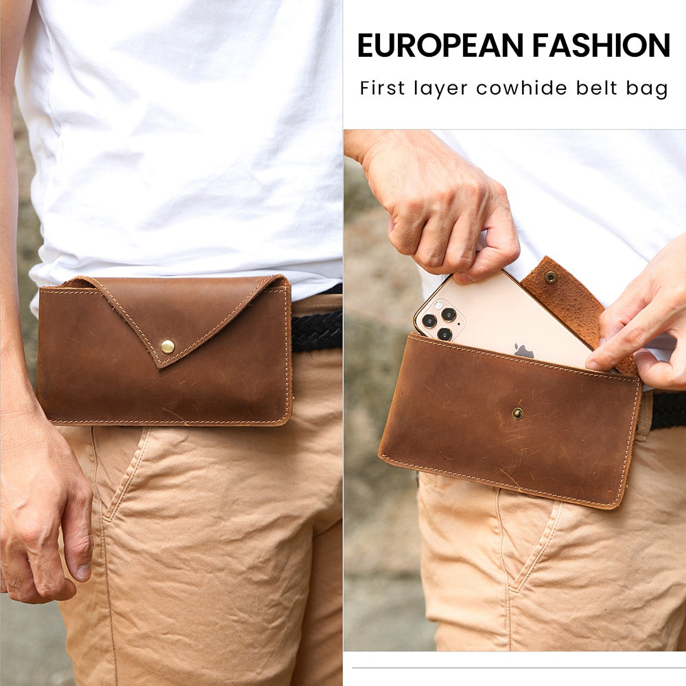 6546 Top Layer Cowhide Outdoor Tactical Sports Phone Waist Pouch Belt Hanging Bag - Brown