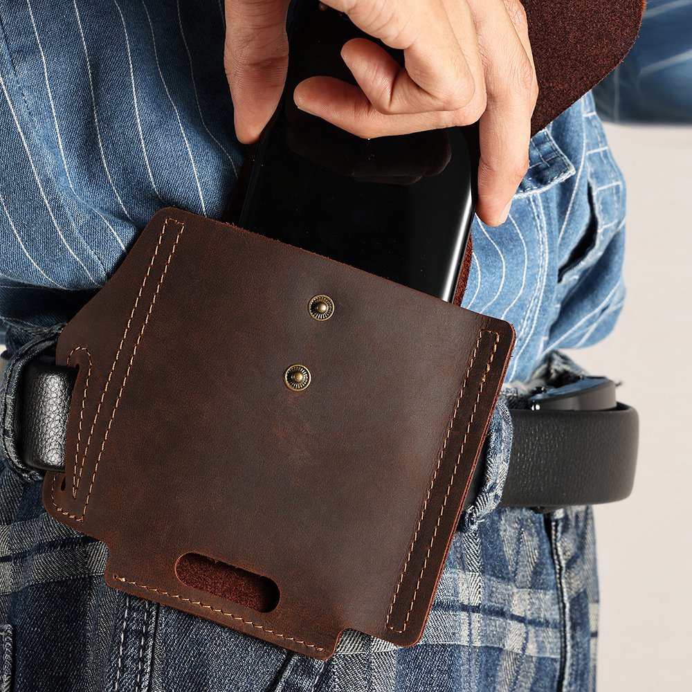 6571 Top Layer Cowhide Outdoor Sports Men Phone Storage Pouch Waist Belt Hanging Bag - Coffee