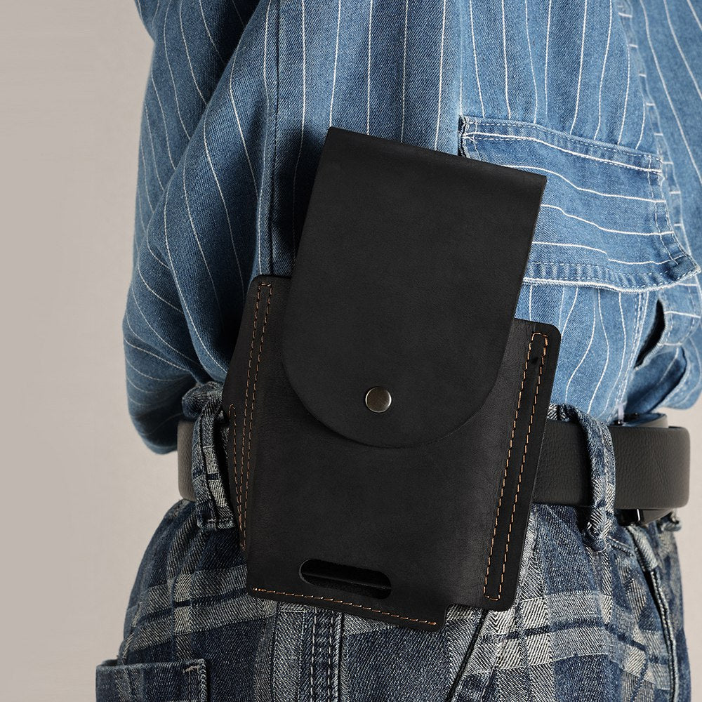 6571 Top Layer Cowhide Outdoor Sports Men Phone Storage Pouch Waist Belt Hanging Bag - Black