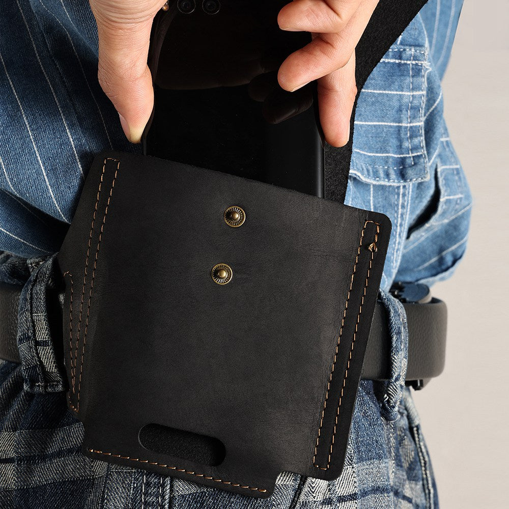6571 Top Layer Cowhide Outdoor Sports Men Phone Storage Pouch Waist Belt Hanging Bag - Black