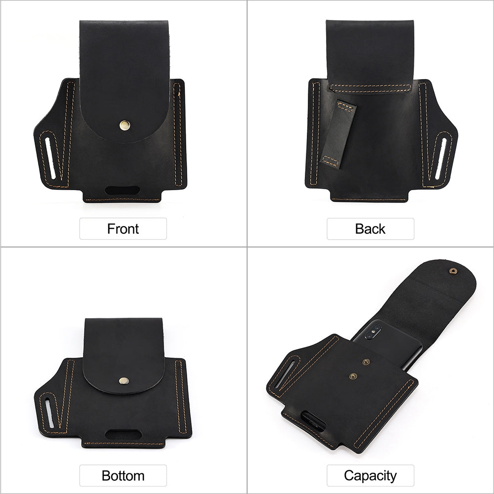 6571 Top Layer Cowhide Outdoor Sports Men Phone Storage Pouch Waist Belt Hanging Bag - Black