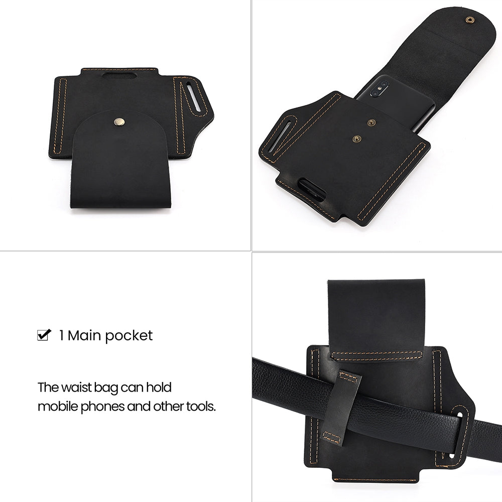 6571 Top Layer Cowhide Outdoor Sports Men Phone Storage Pouch Waist Belt Hanging Bag - Black