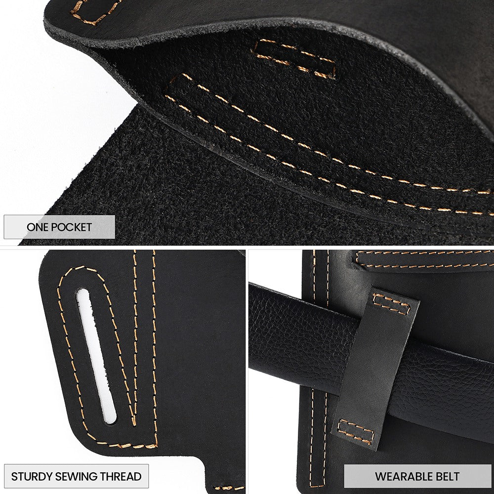 6571 Top Layer Cowhide Outdoor Sports Men Phone Storage Pouch Waist Belt Hanging Bag - Black