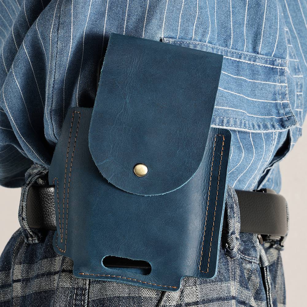 6571 Top Layer Cowhide Outdoor Sports Men Phone Storage Pouch Waist Belt Hanging Bag - Blue