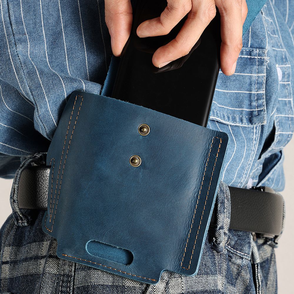 6571 Top Layer Cowhide Outdoor Sports Men Phone Storage Pouch Waist Belt Hanging Bag - Blue