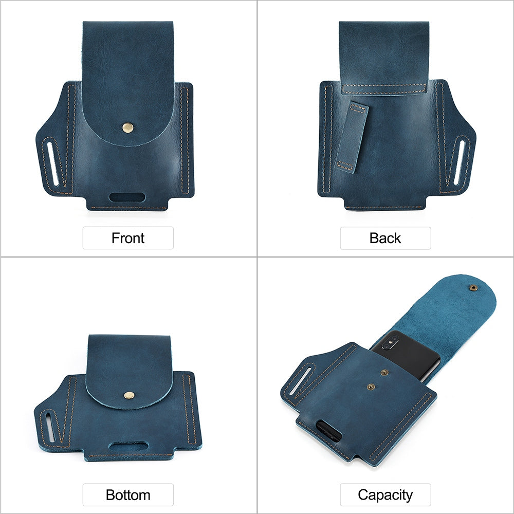 6571 Top Layer Cowhide Outdoor Sports Men Phone Storage Pouch Waist Belt Hanging Bag - Blue