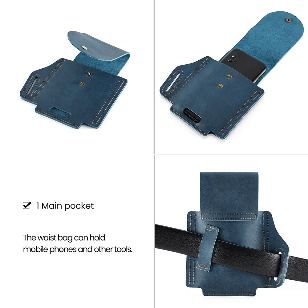 6571 Top Layer Cowhide Outdoor Sports Men Phone Storage Pouch Waist Belt Hanging Bag - Blue