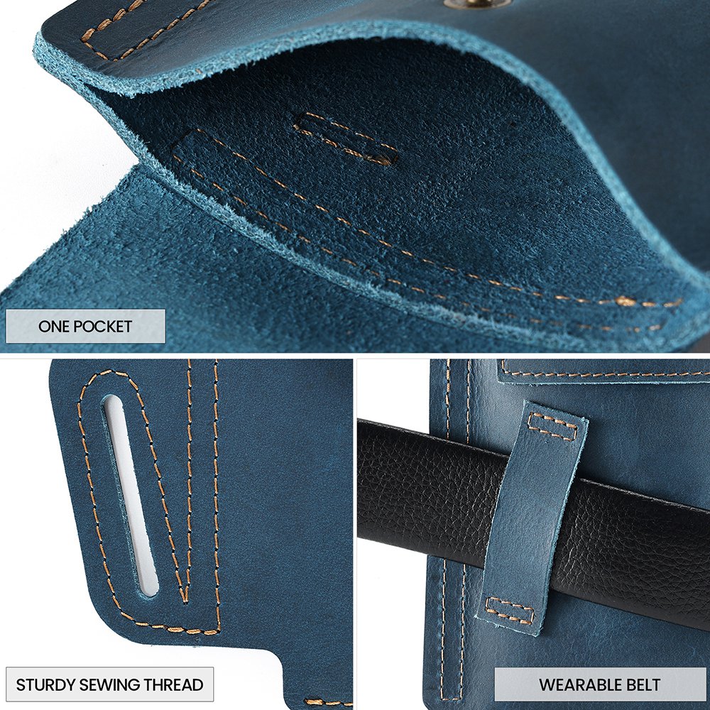 6571 Top Layer Cowhide Outdoor Sports Men Phone Storage Pouch Waist Belt Hanging Bag - Blue