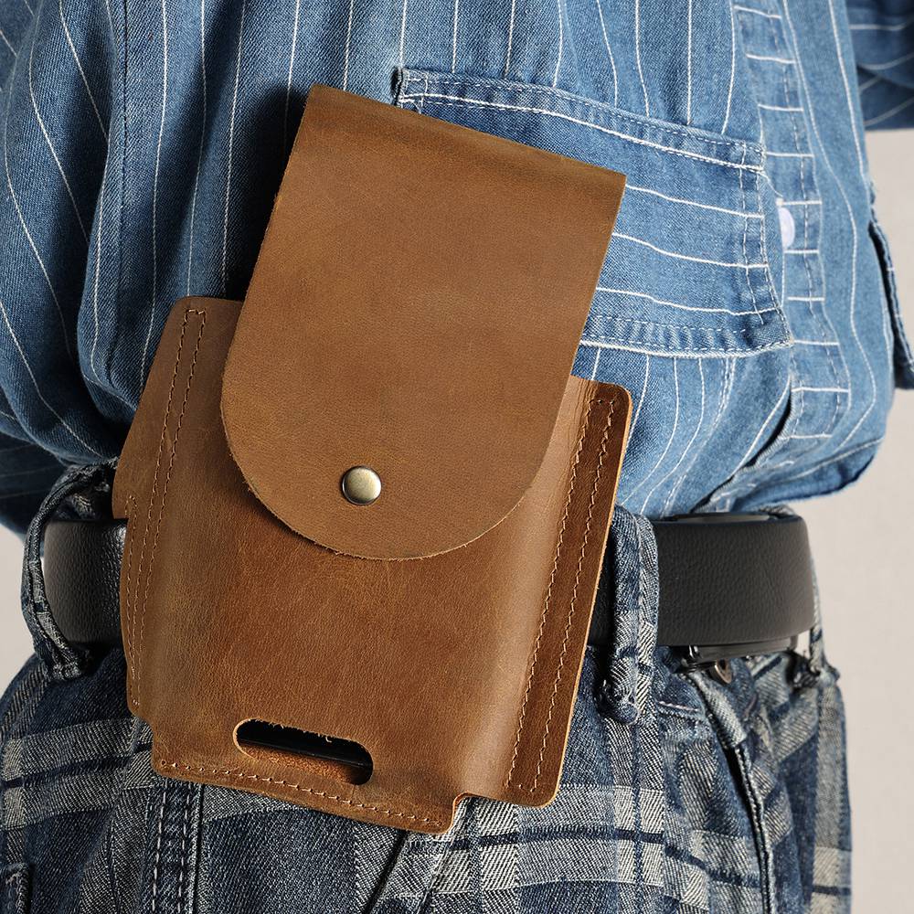 6571 Top Layer Cowhide Outdoor Sports Men Phone Storage Pouch Waist Belt Hanging Bag - Brown