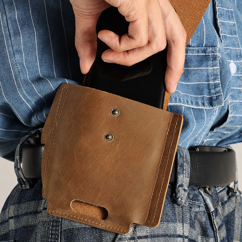 6571 Top Layer Cowhide Outdoor Sports Men Phone Storage Pouch Waist Belt Hanging Bag - Brown