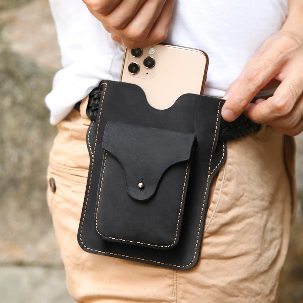 6545 Retro Top Layer Cowhide Outdoor Camping Hiking Men Phone Storage Pouch Waist Belt Hanging Bag - Black