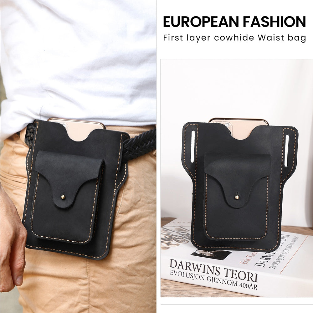 6545 Retro Top Layer Cowhide Outdoor Camping Hiking Men Phone Storage Pouch Waist Belt Hanging Bag - Black