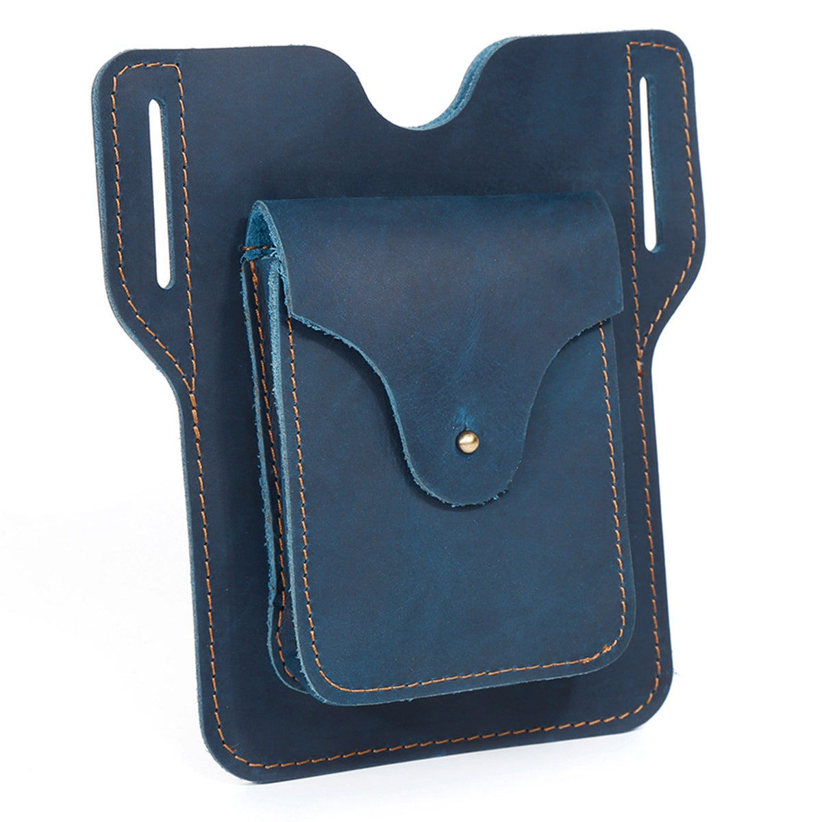 6545 Retro Top Layer Cowhide Outdoor Camping Hiking Men Phone Storage Pouch Waist Belt Hanging Bag - Blue