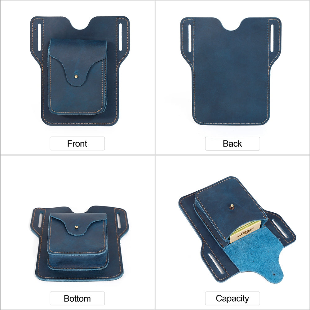 6545 Retro Top Layer Cowhide Outdoor Camping Hiking Men Phone Storage Pouch Waist Belt Hanging Bag - Blue