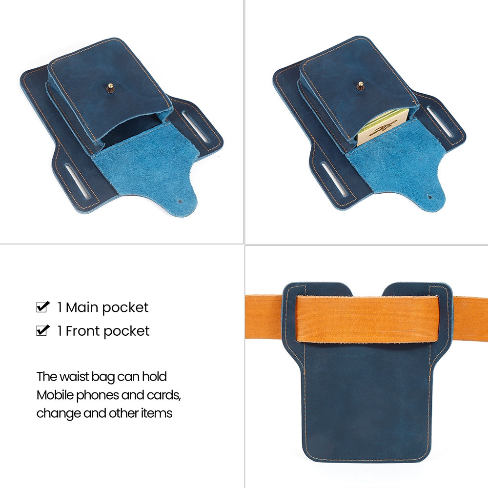 6545 Retro Top Layer Cowhide Outdoor Camping Hiking Men Phone Storage Pouch Waist Belt Hanging Bag - Blue