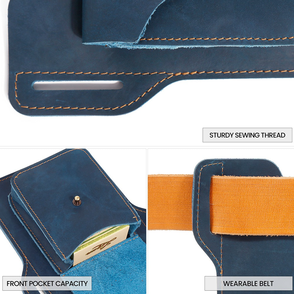6545 Retro Top Layer Cowhide Outdoor Camping Hiking Men Phone Storage Pouch Waist Belt Hanging Bag - Blue