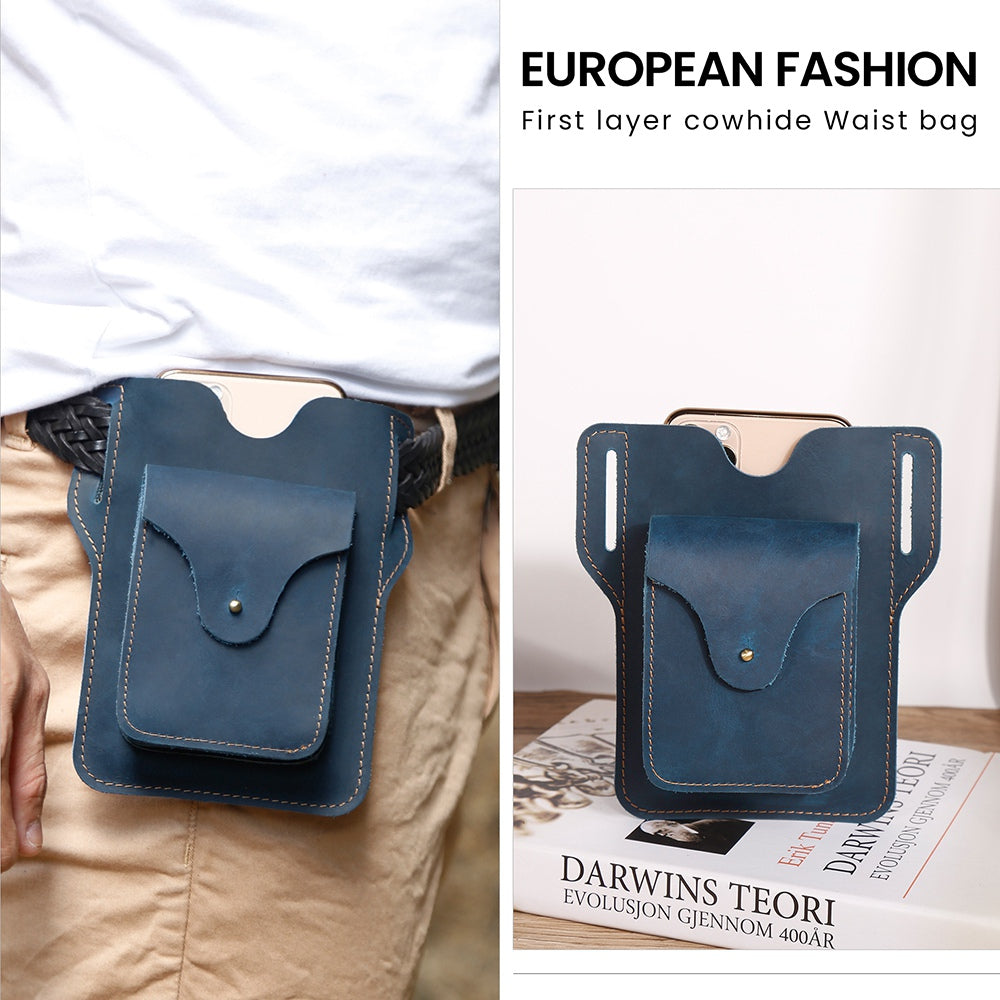 6545 Retro Top Layer Cowhide Outdoor Camping Hiking Men Phone Storage Pouch Waist Belt Hanging Bag - Blue