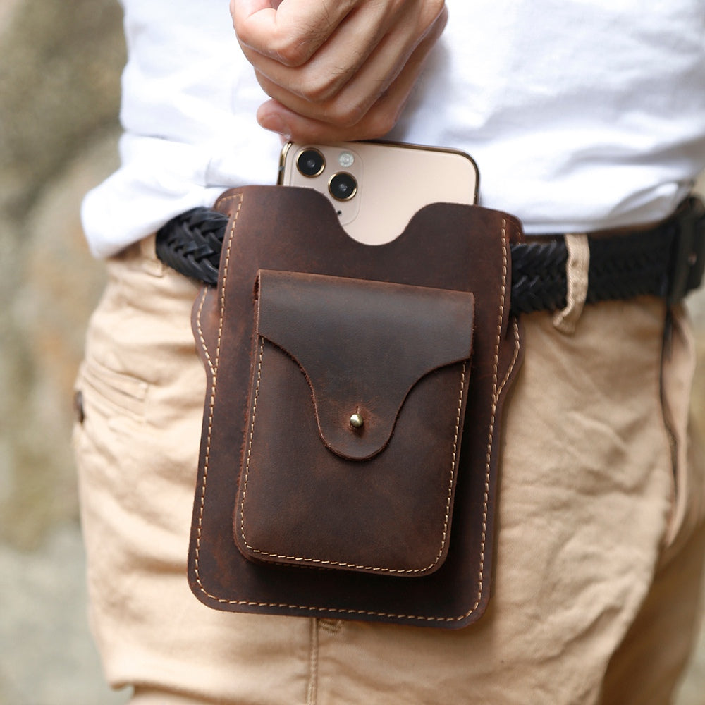 6545 Retro Top Layer Cowhide Outdoor Camping Hiking Men Phone Storage Pouch Waist Belt Hanging Bag - Coffee