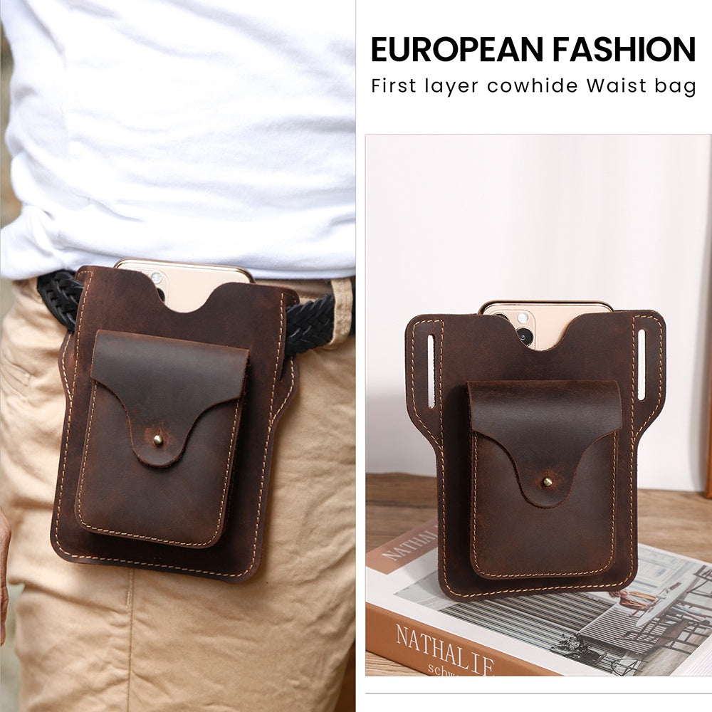 6545 Retro Top Layer Cowhide Outdoor Camping Hiking Men Phone Storage Pouch Waist Belt Hanging Bag - Coffee
