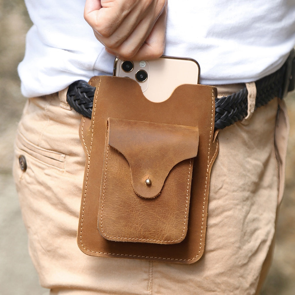 6545 Retro Top Layer Cowhide Outdoor Camping Hiking Men Phone Storage Pouch Waist Belt Hanging Bag - Brown