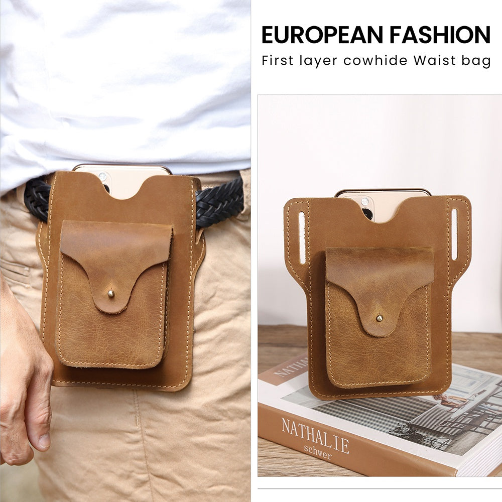 6545 Retro Top Layer Cowhide Outdoor Camping Hiking Men Phone Storage Pouch Waist Belt Hanging Bag - Brown