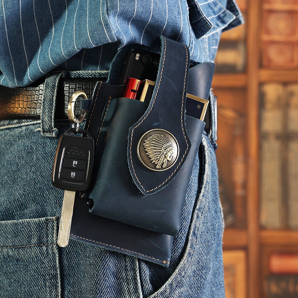6620 Retro Top Layer Cowhide Men Outdoor Phone Storage Waist Pouch Belt Hanging Bag - Blue