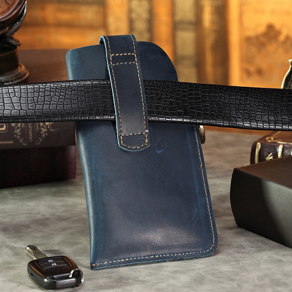 6620 Retro Top Layer Cowhide Men Outdoor Phone Storage Waist Pouch Belt Hanging Bag - Blue
