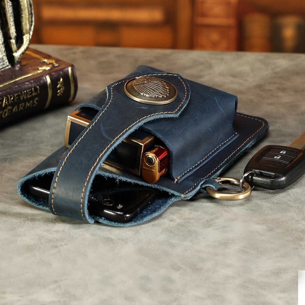 6620 Retro Top Layer Cowhide Men Outdoor Phone Storage Waist Pouch Belt Hanging Bag - Blue
