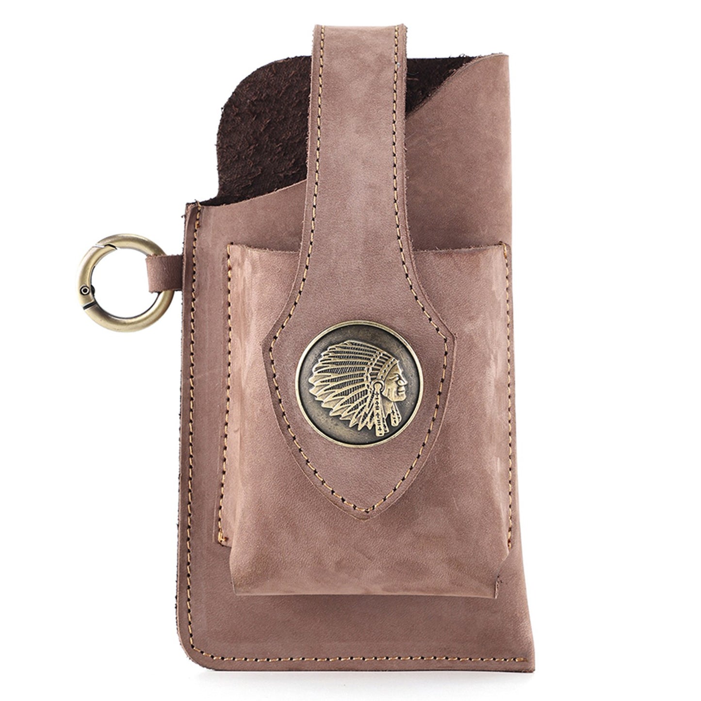 6620 Retro Top Layer Cowhide Men Outdoor Phone Storage Waist Pouch Belt Hanging Bag - Khaki