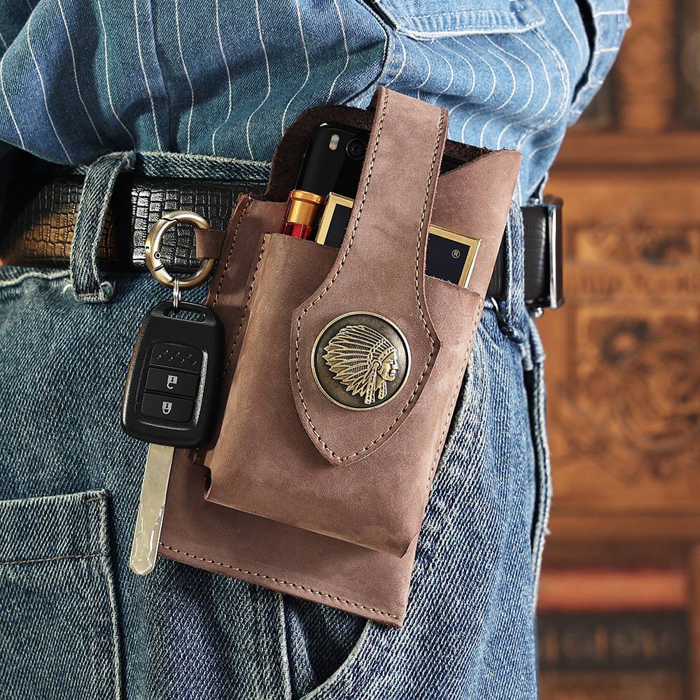 6620 Retro Top Layer Cowhide Men Outdoor Phone Storage Waist Pouch Belt Hanging Bag - Khaki