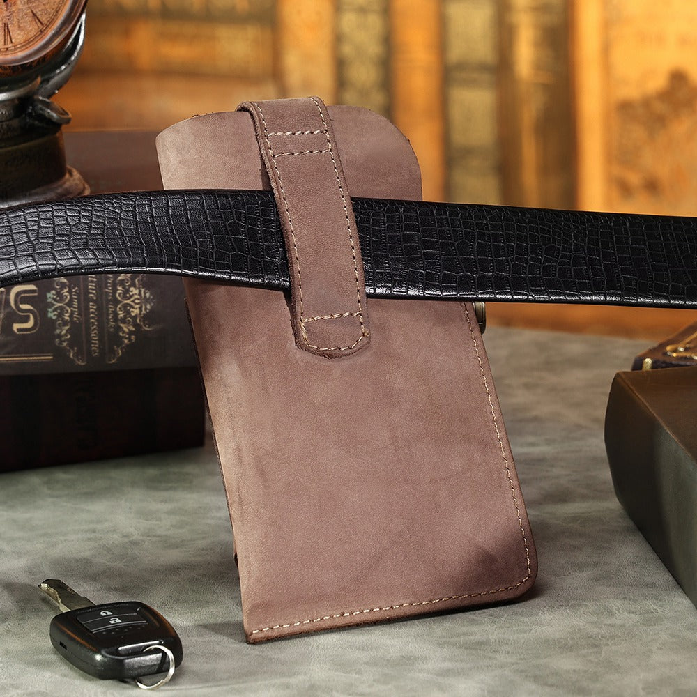 6620 Retro Top Layer Cowhide Men Outdoor Phone Storage Waist Pouch Belt Hanging Bag - Khaki