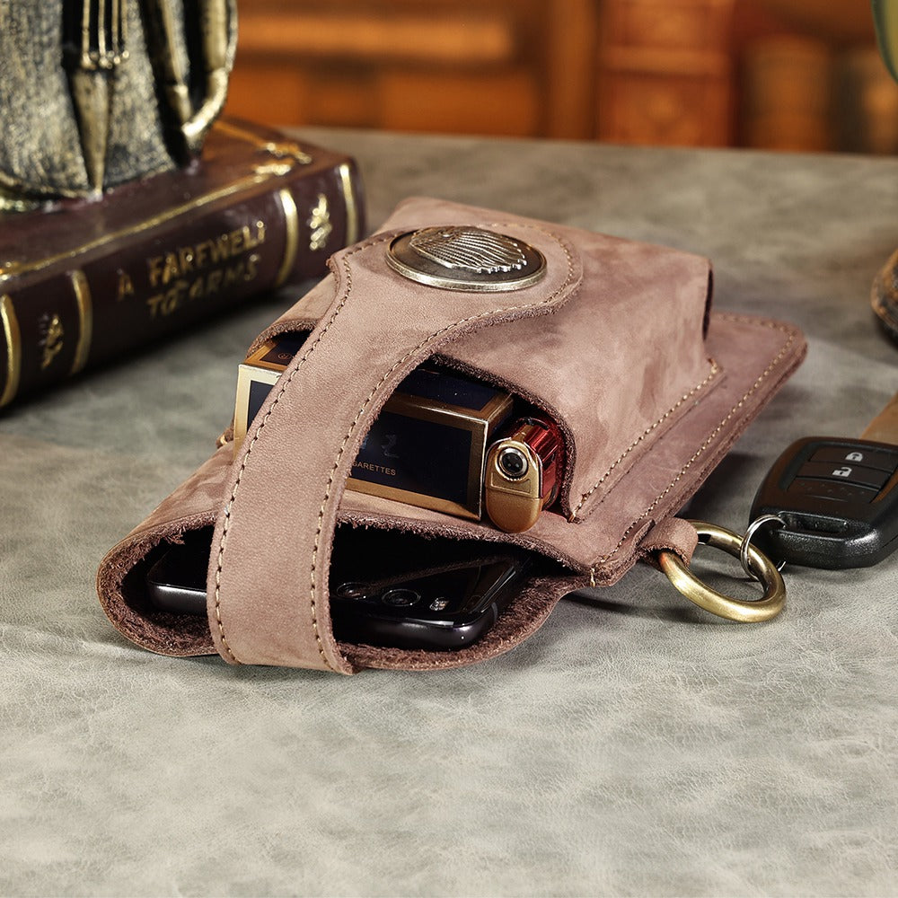 6620 Retro Top Layer Cowhide Men Outdoor Phone Storage Waist Pouch Belt Hanging Bag - Khaki