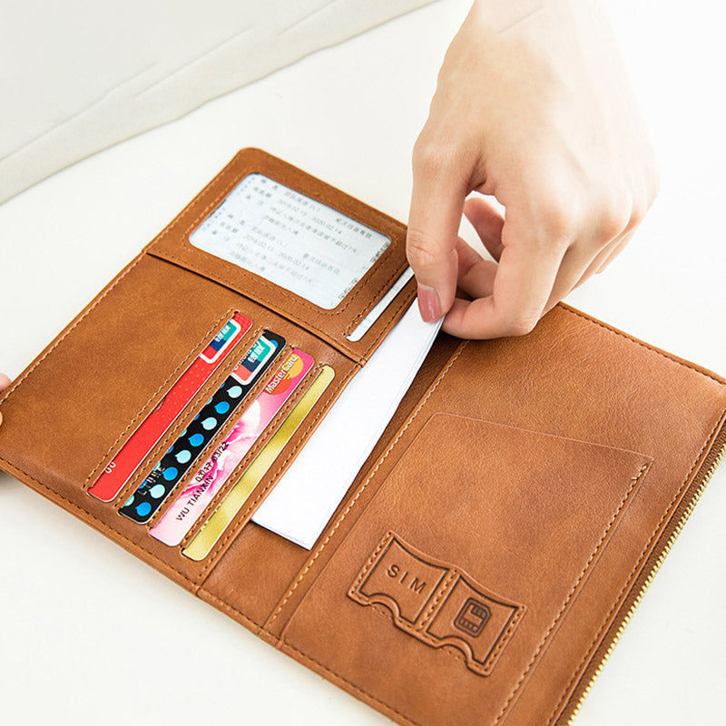 HZ702 Travel RFID Blocking Passport Storage Bag PU Leather Wallet Credit Cards Cash Ticket Holder Bag - Light Brown