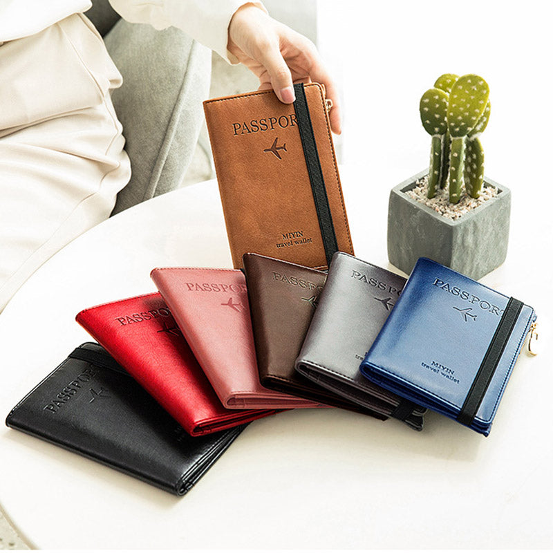 HZ702 Travel RFID Blocking Passport Storage Bag PU Leather Wallet Credit Cards Cash Ticket Holder Bag - Light Brown