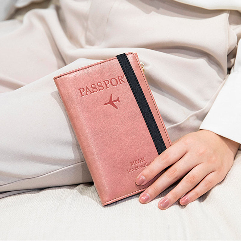 HZ702 Travel RFID Blocking Passport Storage Bag PU Leather Wallet Credit Cards Cash Ticket Holder Bag - Pink