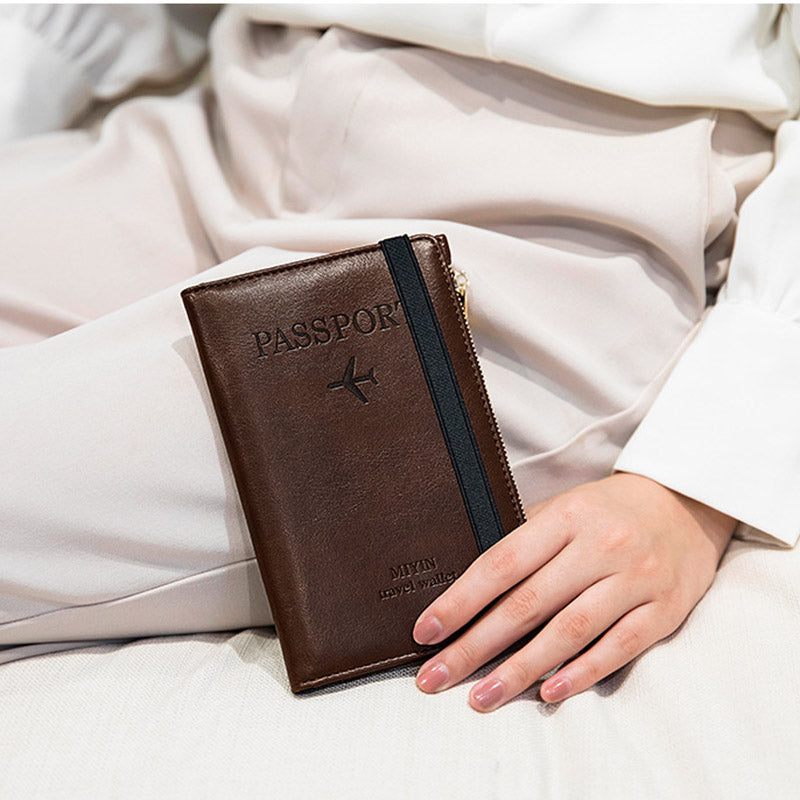 HZ702 Travel RFID Blocking Passport Storage Bag PU Leather Wallet Credit Cards Cash Ticket Holder Bag - Coffee