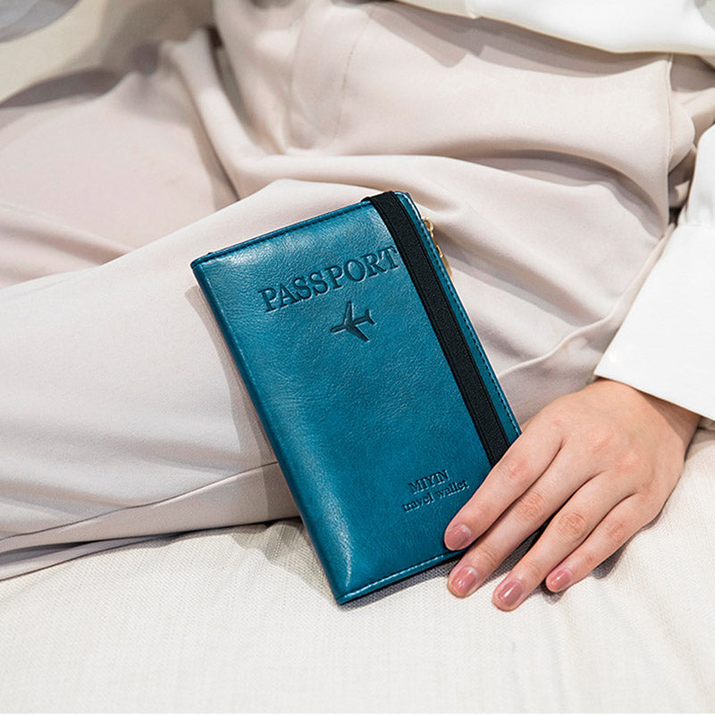 HZ702 Travel RFID Blocking Passport Storage Bag PU Leather Wallet Credit Cards Cash Ticket Holder Bag - Blue