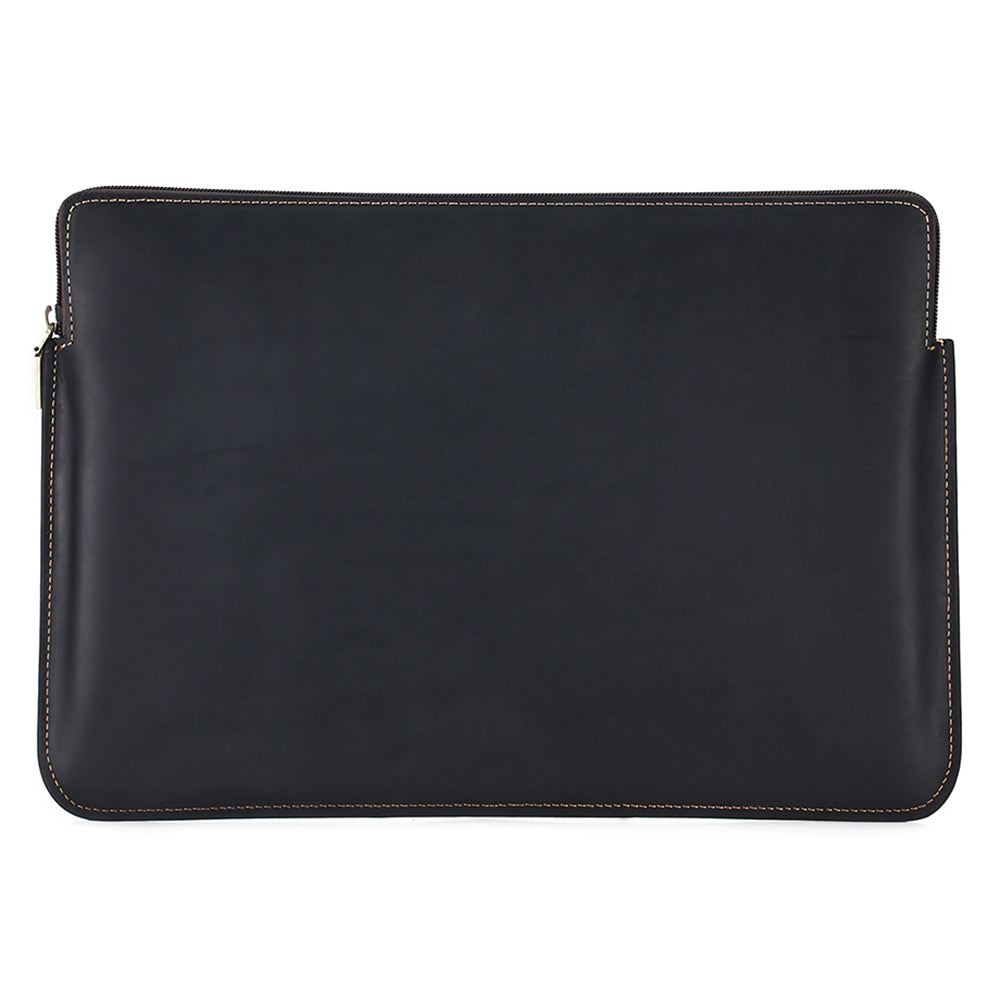 14-inch Laptop Bag Cowhide Leather Smooth Zipper Notebook Carrying Pouch with Hand Strap - Black