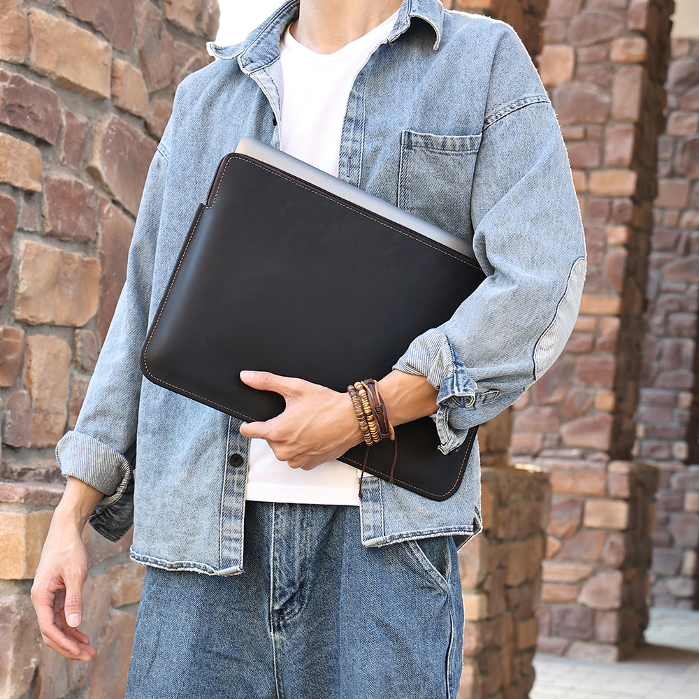 14-inch Laptop Bag Cowhide Leather Smooth Zipper Notebook Carrying Pouch with Hand Strap - Black