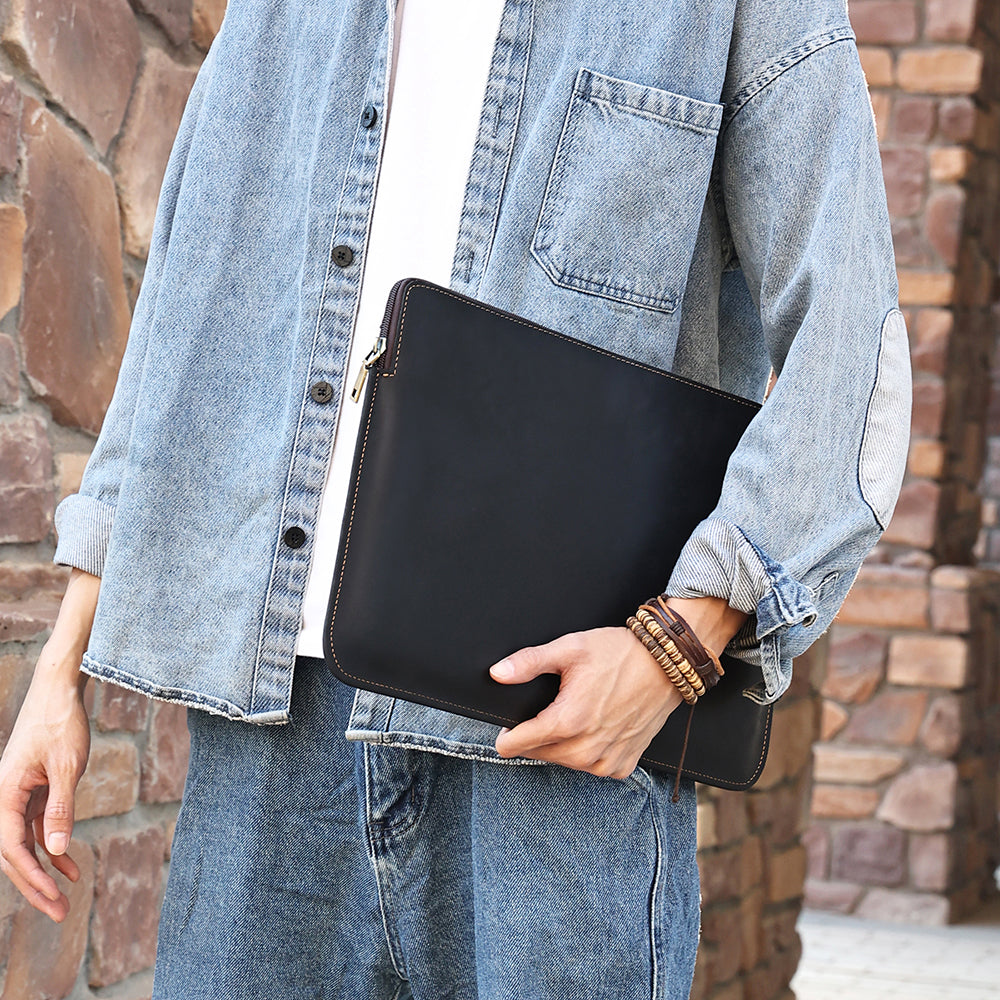 14-inch Laptop Bag Cowhide Leather Smooth Zipper Notebook Carrying Pouch with Hand Strap - Black