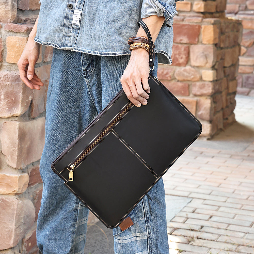 14-inch Laptop Bag Cowhide Leather Smooth Zipper Notebook Carrying Pouch with Hand Strap - Black