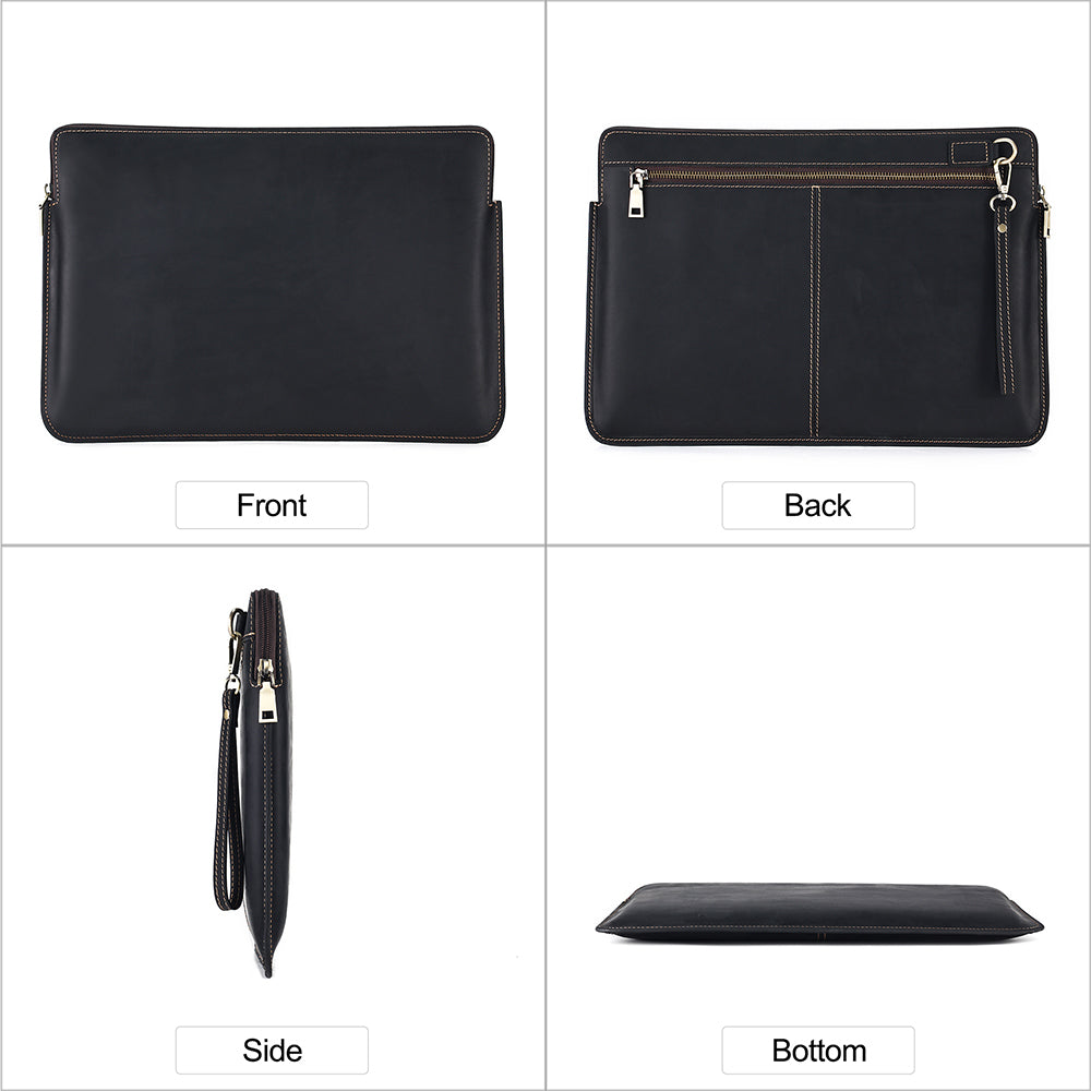 14-inch Laptop Bag Cowhide Leather Smooth Zipper Notebook Carrying Pouch with Hand Strap - Black
