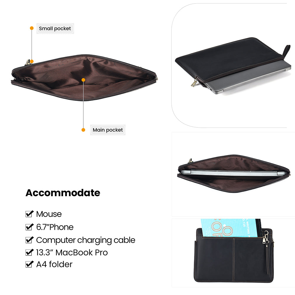 14-inch Laptop Bag Cowhide Leather Smooth Zipper Notebook Carrying Pouch with Hand Strap - Black