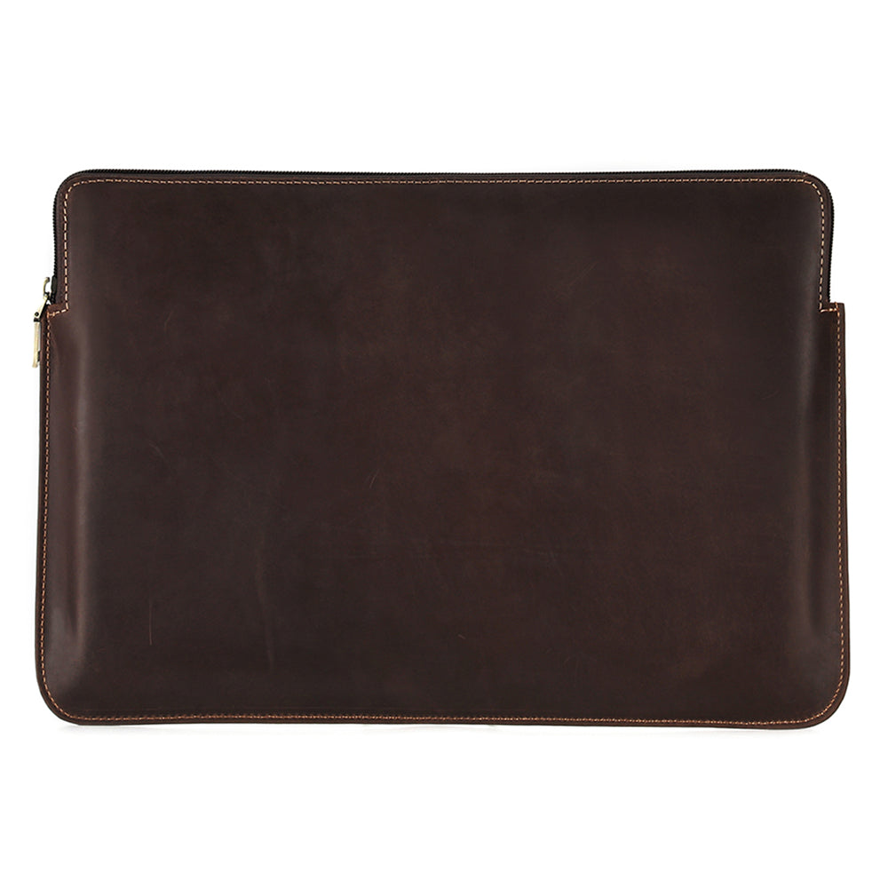 14-inch Laptop Bag Cowhide Leather Smooth Zipper Notebook Carrying Pouch with Hand Strap - Coffee