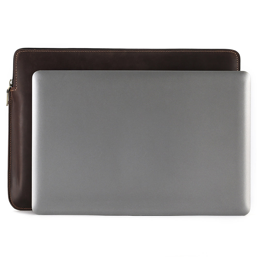14-inch Laptop Bag Cowhide Leather Smooth Zipper Notebook Carrying Pouch with Hand Strap - Coffee